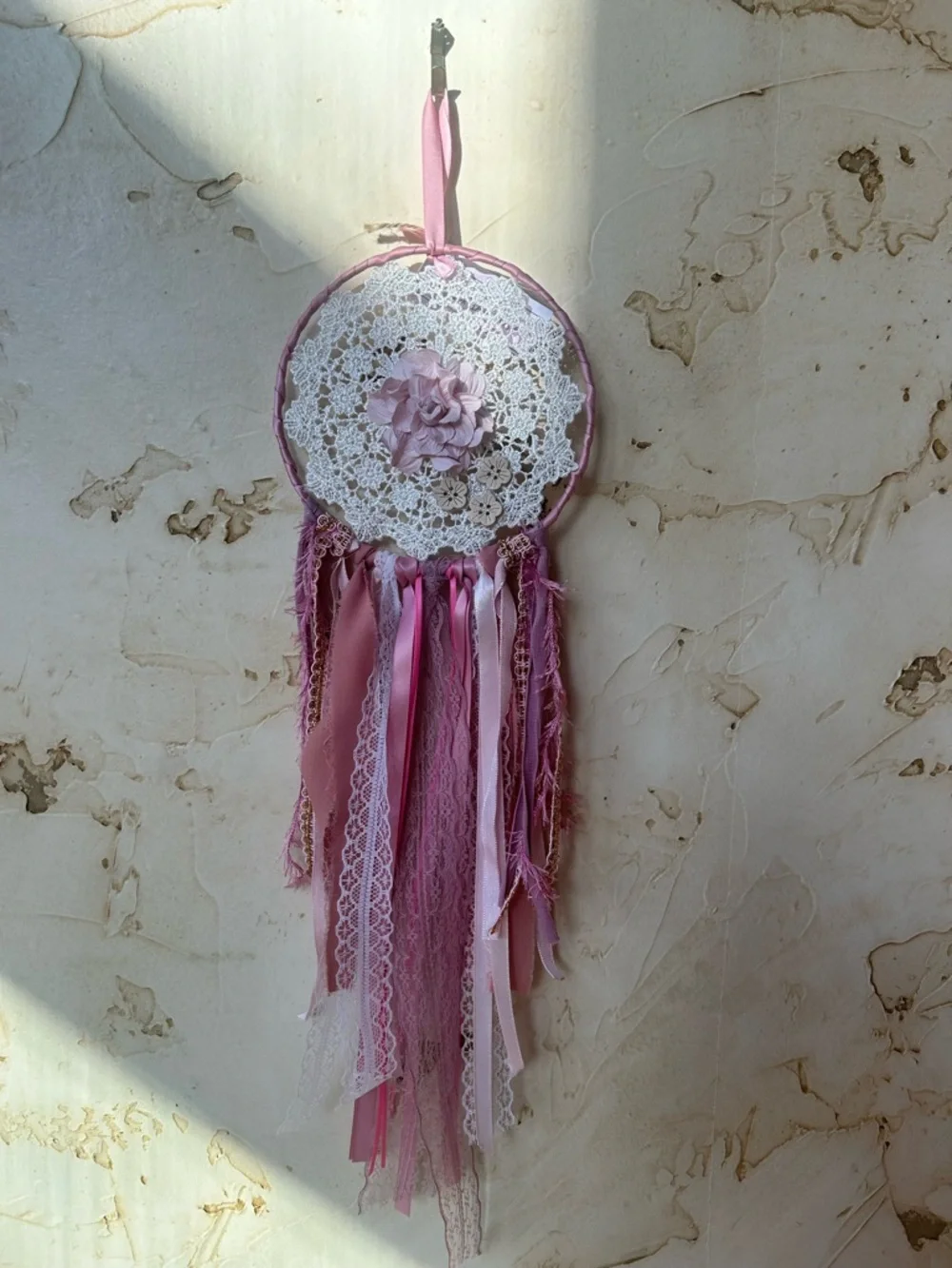 NWT Handcrafted Boho Dreamcatcher Wall Hanging Dusty Rose Lace She Shed Nursery